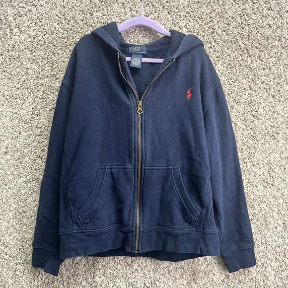 Polo‎ Ralph Lauren Jacket Boys M (10-12) Navy Blue Full Zip Up Hooded Sweatshirt