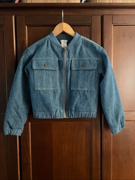 Max Studio Kids Girls Blue Denim Bomber Jacket Quilted Lined Zip Front Sz M 7/8