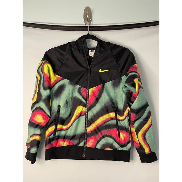Nike Kids Windbreaker Jacket Black‎ Multi Color Abstract Print Size M