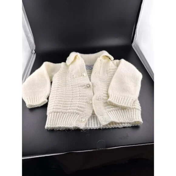 CradleKnit Sweater 6-12 months Unisex White Button‎ Down Acrylic Reborn Doll Vtg