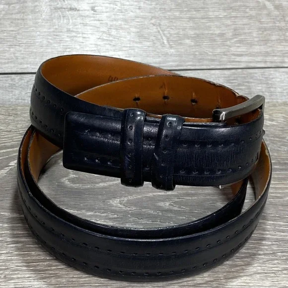Johnston‎ & Murphy Belt Mens 44 Black Leather Dress Strap Silver Buckle BH2051D