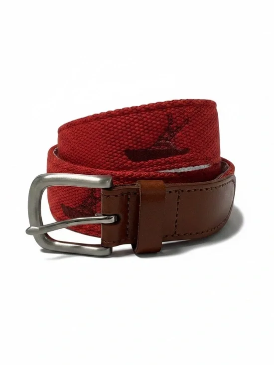 Vineyard Vines Red Woven Belt with Brown Leather Trim