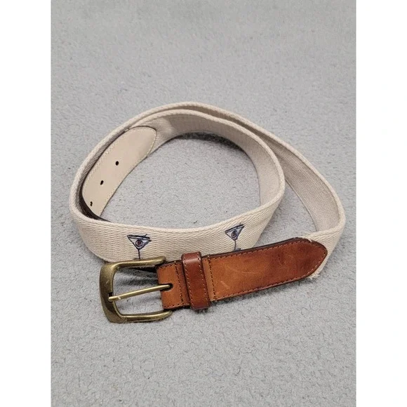 J.McLaughlin Belt Mens 40 Khaki Ashton Embroidered Martini Webbing Leather Trim‎