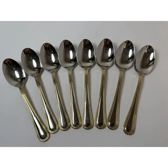 Set of 8 Wallace Gold‎ Royal Bead Stainless Place Oval Soup Spoons 7 1/4
