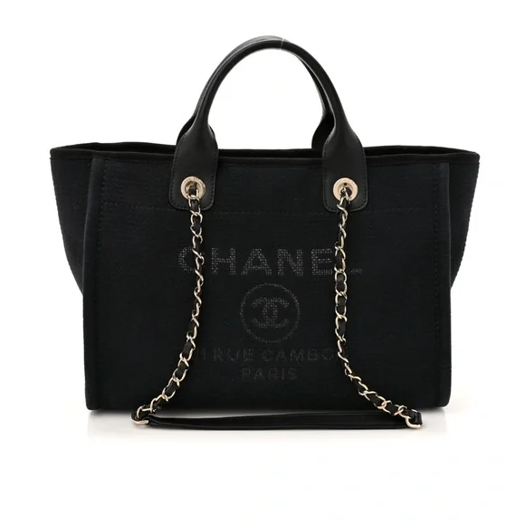 CHANEL Black Canvas Tote with Gold-Trim Chain Handles
