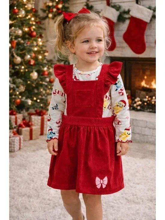 NWT BLUEY Red Corduroy Jumper Ruffle Dress 2 pc Outfit Size 18M 18 months