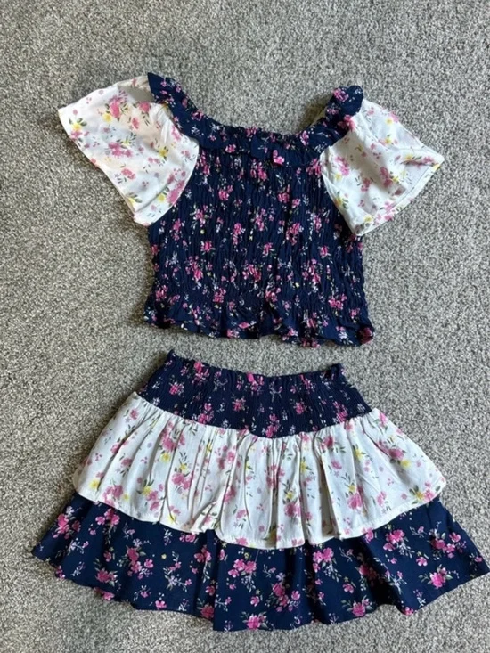 Girls Navy Floral Smocked Ruffle Rayon Set