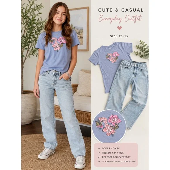 Aeropostale Girls 2pc Outfit Blue Floral Graphic Tee & Light Wash Straight Jeans