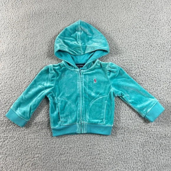 Ralph‎ Lauren Tracksuit Girls 12M Turquoise Velour Hoodie and Pants Set Vintage