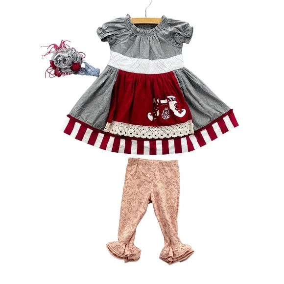Persnickety Girls Dress Legging Headband Set Size 6-12M Red Christmas Stocking‎