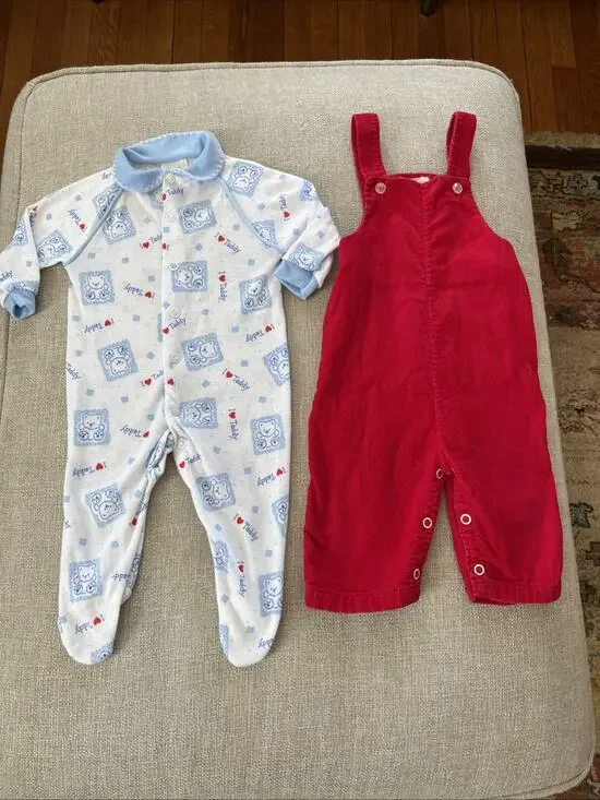 Vintage 70s Lot of 2 Red Corduroy Bib Overalls 6 mths Babygro Baby Sleeper Pjs