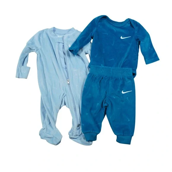 Nike Baby Boy 3M Velour Footed Sleeper Bodysuit and Pants Set Blue Teal 3 Piece