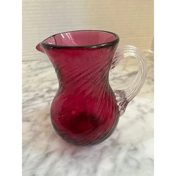 Vintage Cranberry Glass Pitcher Hand Blown Optic Swirl Ruby Red Clear Handle 4in