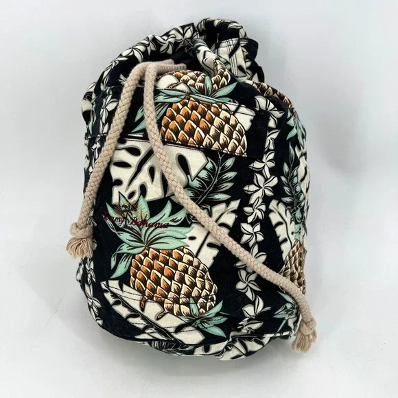 Tommy Bahama‎ Drawstring Backpack Pineapple Hawaii Hawaiian Tropical Black