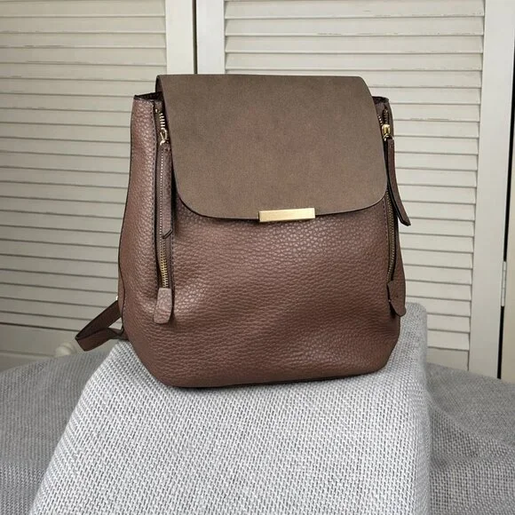 Justfab Cognac Brown Vegan Leather Backpack Bucket Travel Bag Expandable Medium‎