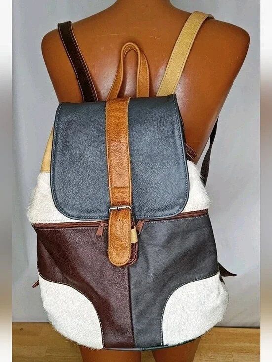 Vintage Boho Hippie Patchwork Backpack Genuine Leather Bucket Bag Purse Academia