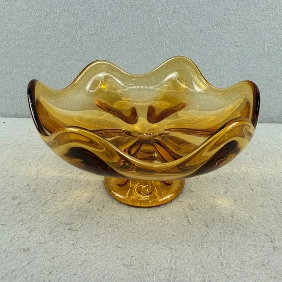 Viking Glass Amber Epic Six Petal Ruffled Pedestal Bowl‎ Mid Century Modern