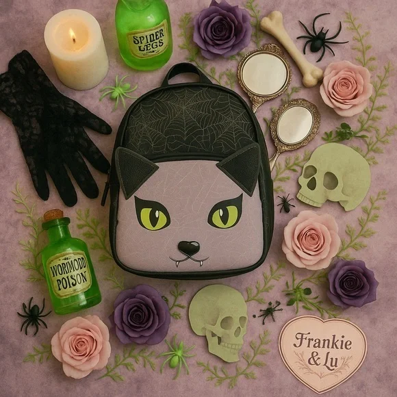 Betsey Johnson Vampire Cat Halloween Mini Backpack Black Gray NWT