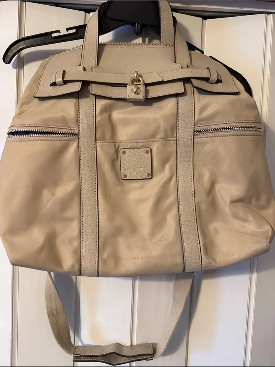 henri bendel beige nylon backpack tote with gold-tone lock