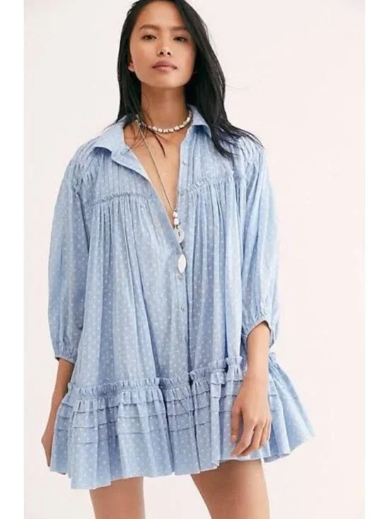 Free People Full Swing Mini Dress in Powder Blue Polka Dot