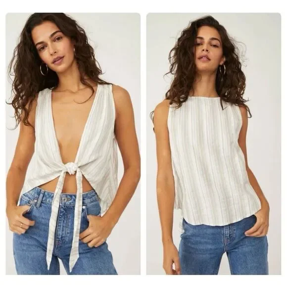Free People By My Side Top cotton/linen blend Striped Tie High Low Blouse Sz XS
