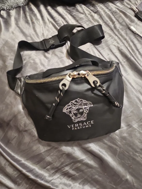 Versace Parfums Black Logo Buckle Belt Bag Strap