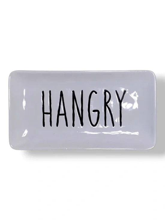 Yummy Rectangle Dish Tray Rectangle Fun Phrase Hangry Heavy Ceramic White Black