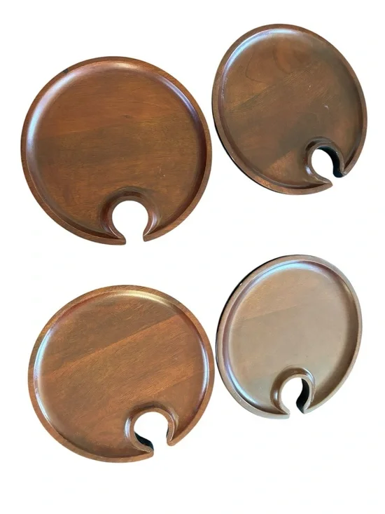 Pottery Barn Set of 4 Wooden Mingling Plates/ Tray Wine Glass Holder Expresso