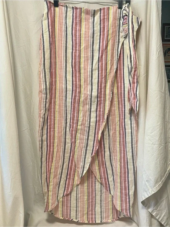 Free People Striped Wrap Skirt in Pink, Blue, Yellow & Cream