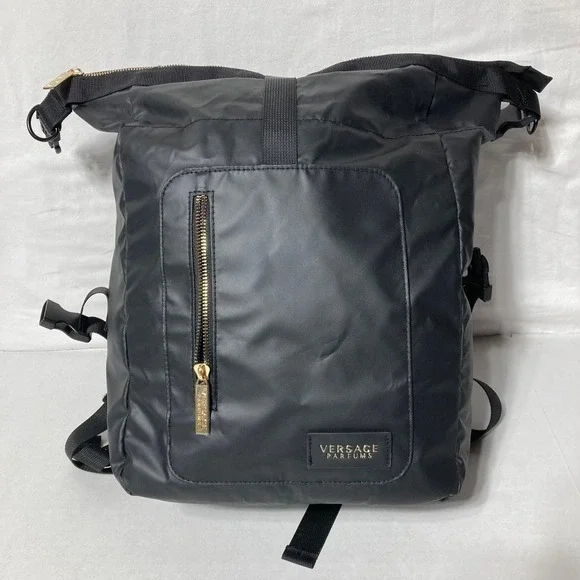 Versace Parfums Black Backpack Tote Bag Gold Greek Key Straps‎