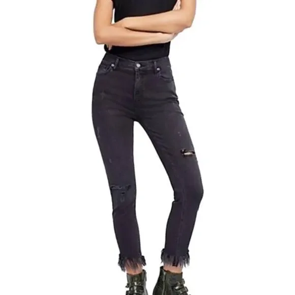 Free People Women's Great Heights Fringe Skinny Black Distressed Jeans 29 Frayed