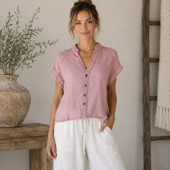 We the Free Pink Gauzy Cotton Button Short Sleeve Top XS
