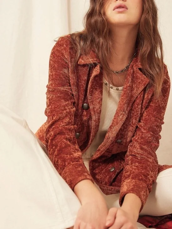 Free People Soho Rust Crushed Velvet Duster Trench Coat NWOT