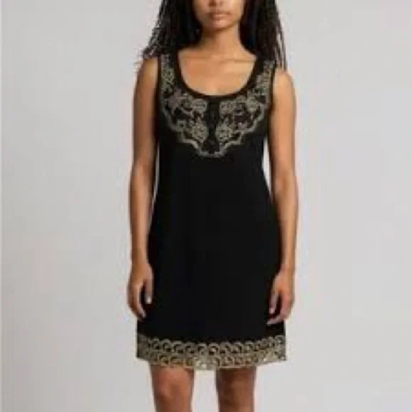 Free People sleeveless black dress with gold metallic embroidery.