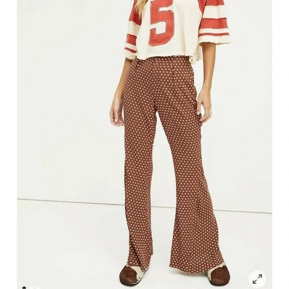 Free People Can't Take My Eyes Off Brown Polka‎ Dot Wide Leg Flare Pants 70s