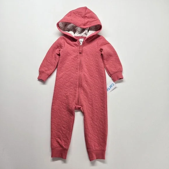NEW! Carters Baby 12m Heart‎ Cotton Long Sleeve Jumpsuit Pink Hooded