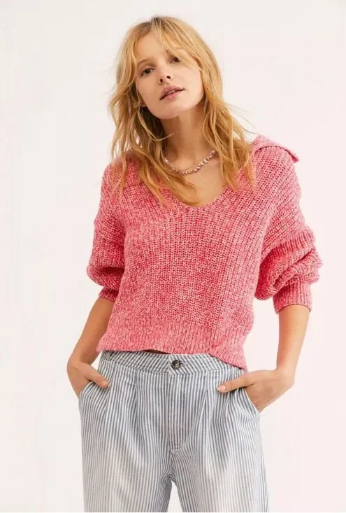 Free People Sweater Womens Medium Love This City Pink Casual Oversized Boho Knit