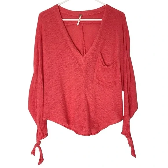 Free People Morning Gauze Top Womens Size Large V Neck Coral Orange Pocket Shirt