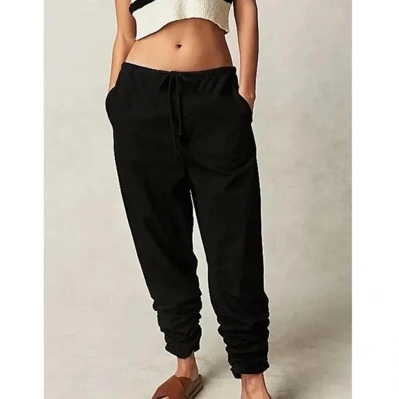 Free People Black 100% Cotton New Light Parachute Slouchy Low Rise Pants NWT XS