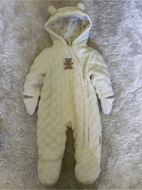 Wippette Cream Quilted Baby One-Piece with Bear Hood