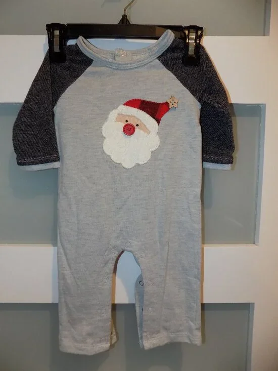 Mud Pie Santa Face Appliqué Gray Romper Size 3/6 Months