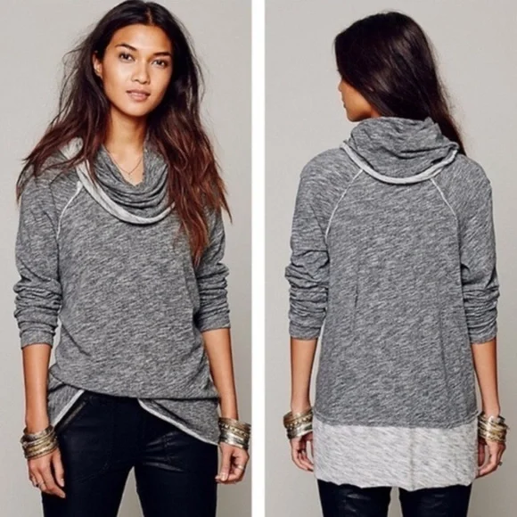 Free People FP Beach Gray Cotton Cocoon Cowl Neck Pullover Cotton Top One Size