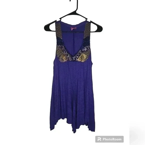 Free People‎ Sequin Embellished Tank Top - Small - Purple/Gold