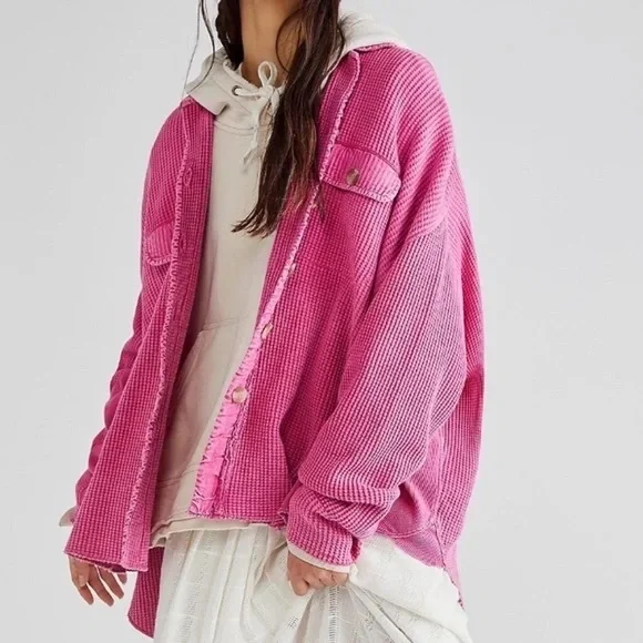 Free People FP One Scout Waffle Knit Button Up Jacket in Pink Phenom‎ Large