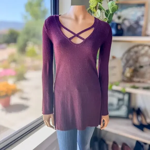 Free People Maroon Criss Cross Lightweight Tunic Sweater, Women's Size X-Small