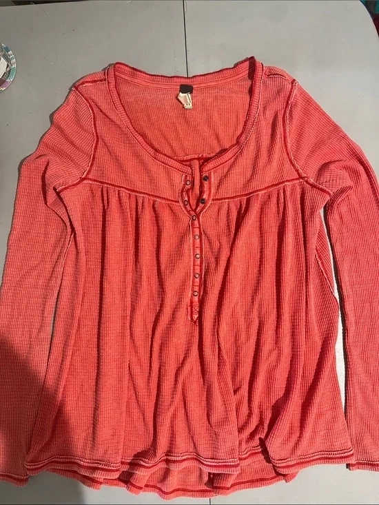 Free People Coral Waffle-Knit Long Sleeve Henley