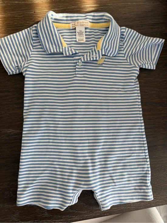 The Beaufort Bonnet Company Blue & White Striped Polo Romper with Yellow Trim