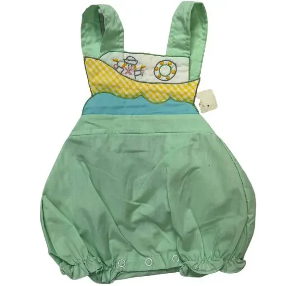 Vintage New Mayfair Baby Romper Overall Green Boat Gingham Newborn Neutral