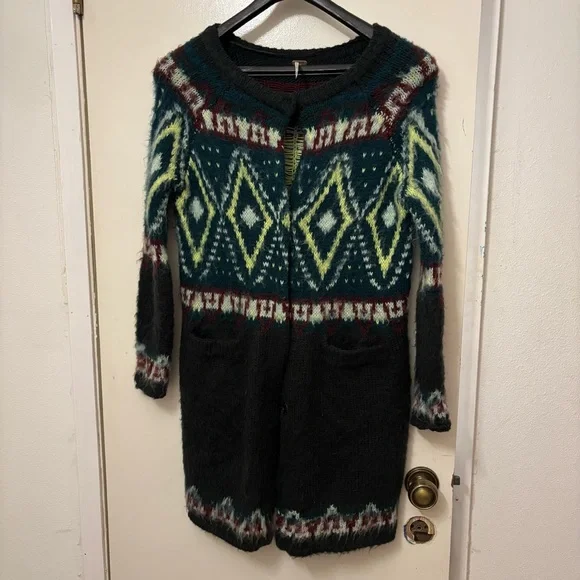 Free People Geometric Knit Cardigan - Black, Green, Cream