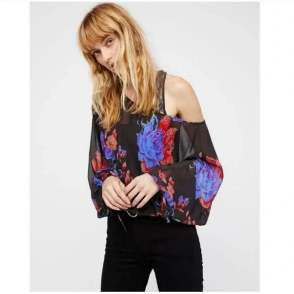 Intimately Free People‎ Floral Cold Shoulder Bodysuit Black Blue Lace SP